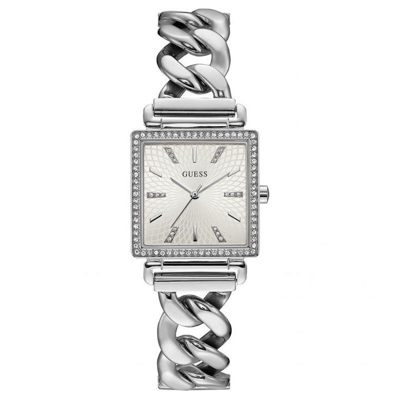Guess Vanity W1030L1 ladies watch with silver square case, crystal bezel, and white dial