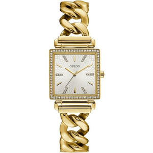 Guess Vanity W1030L2 ladies watch with gold square case, crystal bezel, and silver-white dial