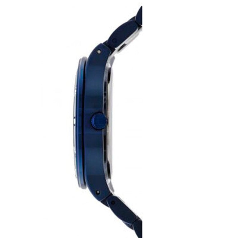 Detailed side view of the blue crown and pushers on the Guess W0027L3