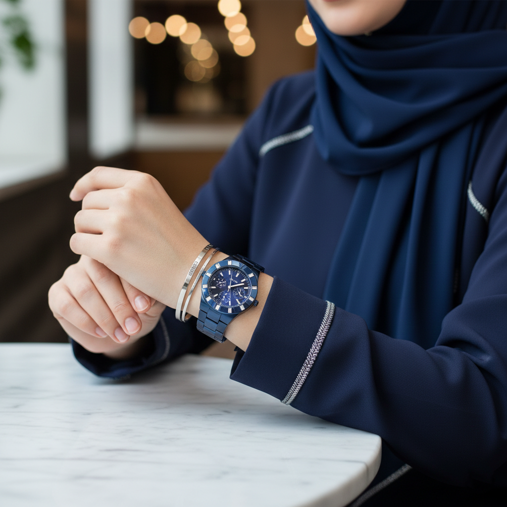 Female model wearing Guess W0027L3 blue metal watch with a trendy fashion outfit