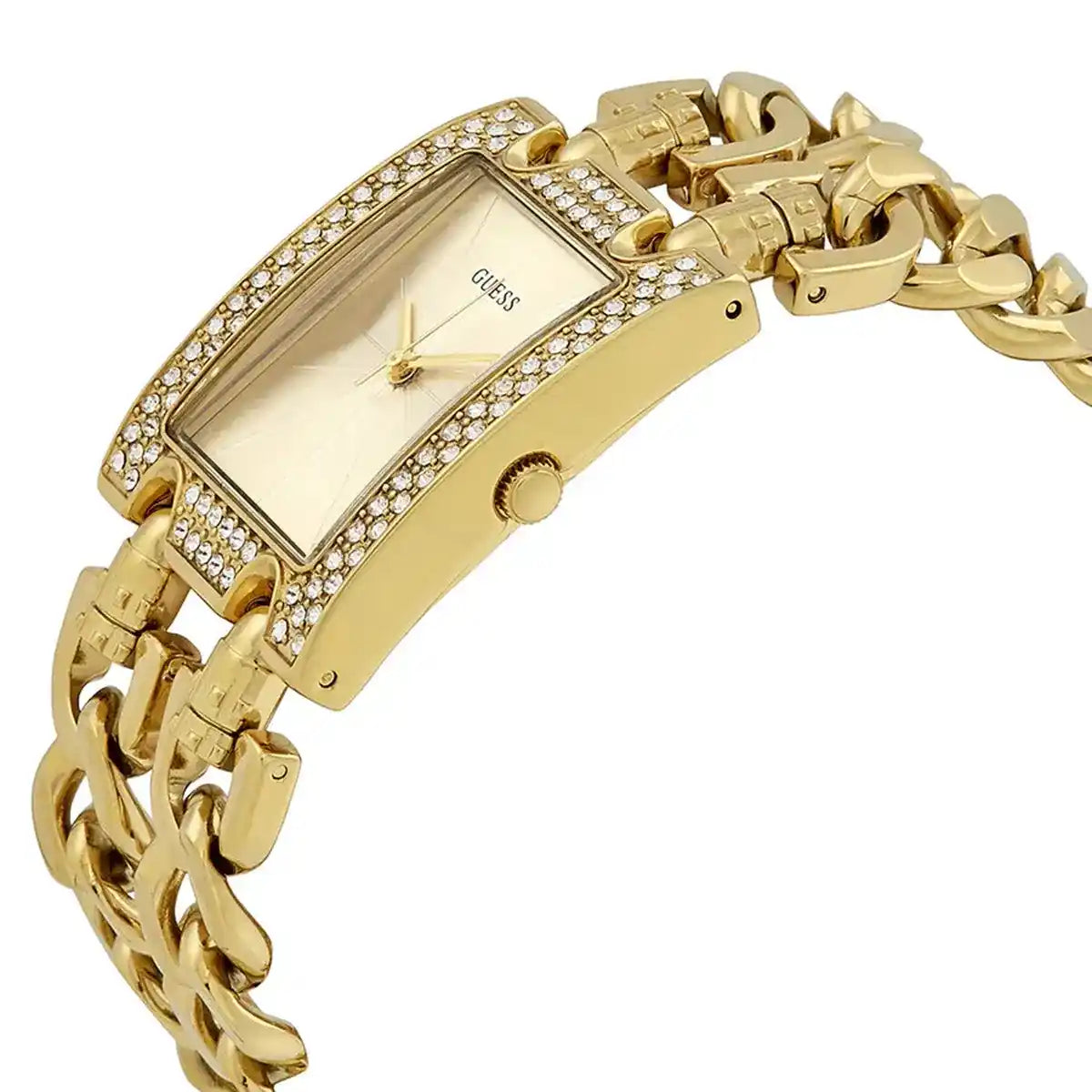 Left side perspective of the Guess W0072L1 gold dial and jewelry-style bracelet