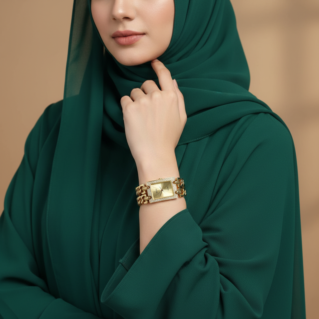 Female model wearing Guess W0072L1 gold chain watch with a high-fashion evening outfit