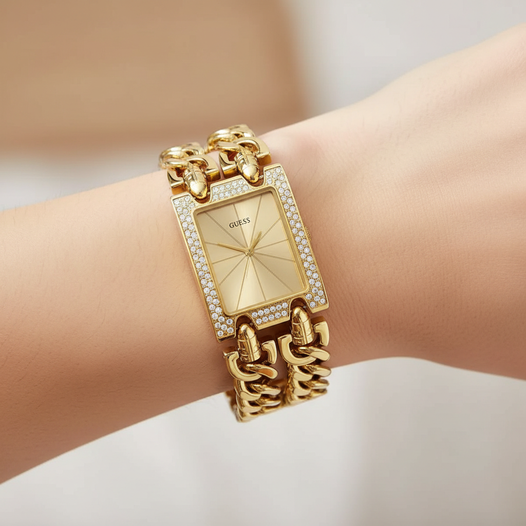 Close up shot of Guess W0072L1 watch on wrist showing the sparkling crystals and gold chains