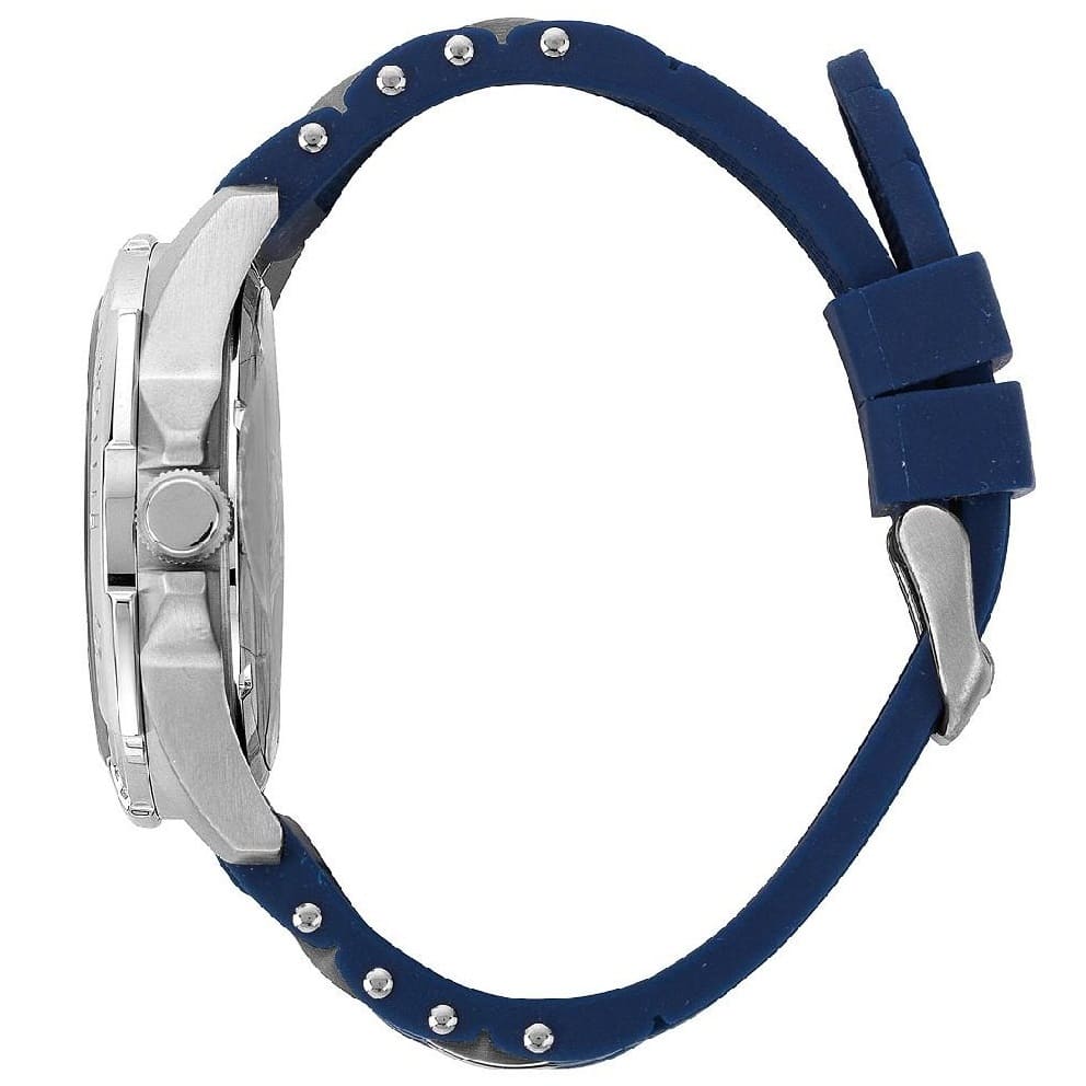 Detailed side view of the silver crown and protectors on the Guess W0366G2 case