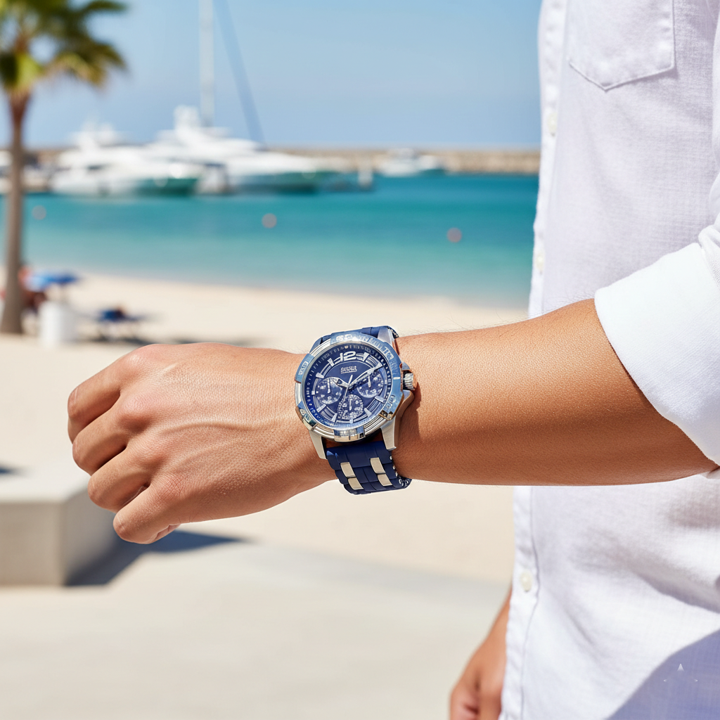 Male model wearing Guess W0366G2 silver and blue watch with a casual sport outfit