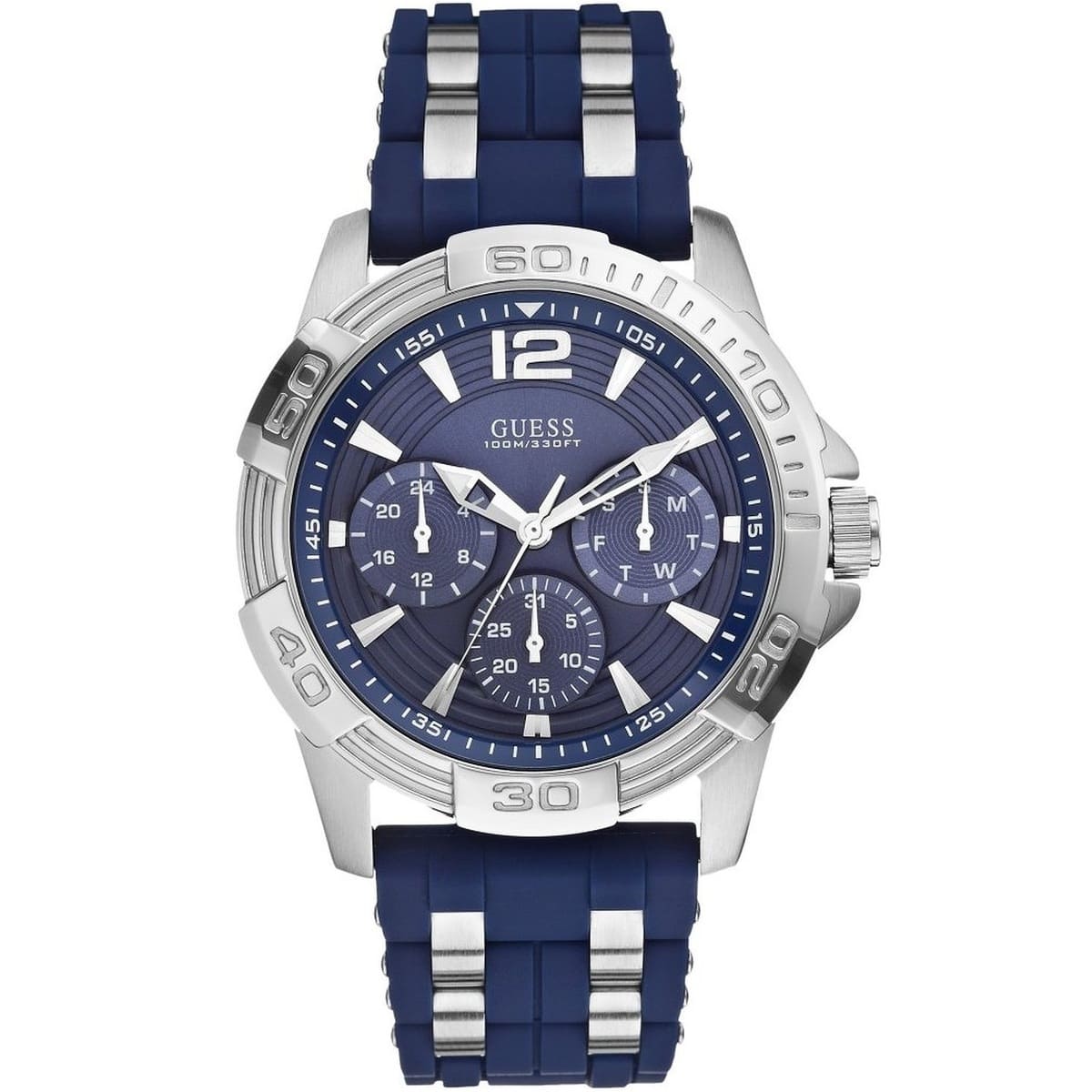 Guess Oasis W0366G2 men's watch with silver case and blue rubber strap with metal inserts