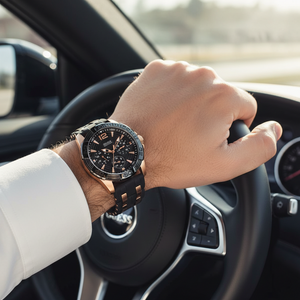 Male model wearing Guess W0366G3 black and gold watch with a sporty luxury outfit