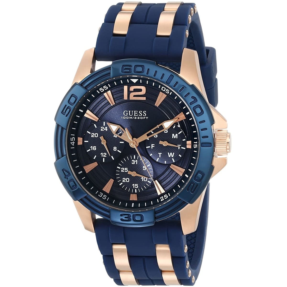 Left side perspective of the Guess W0366G4 highlighting the blue rubber strap with rose gold links