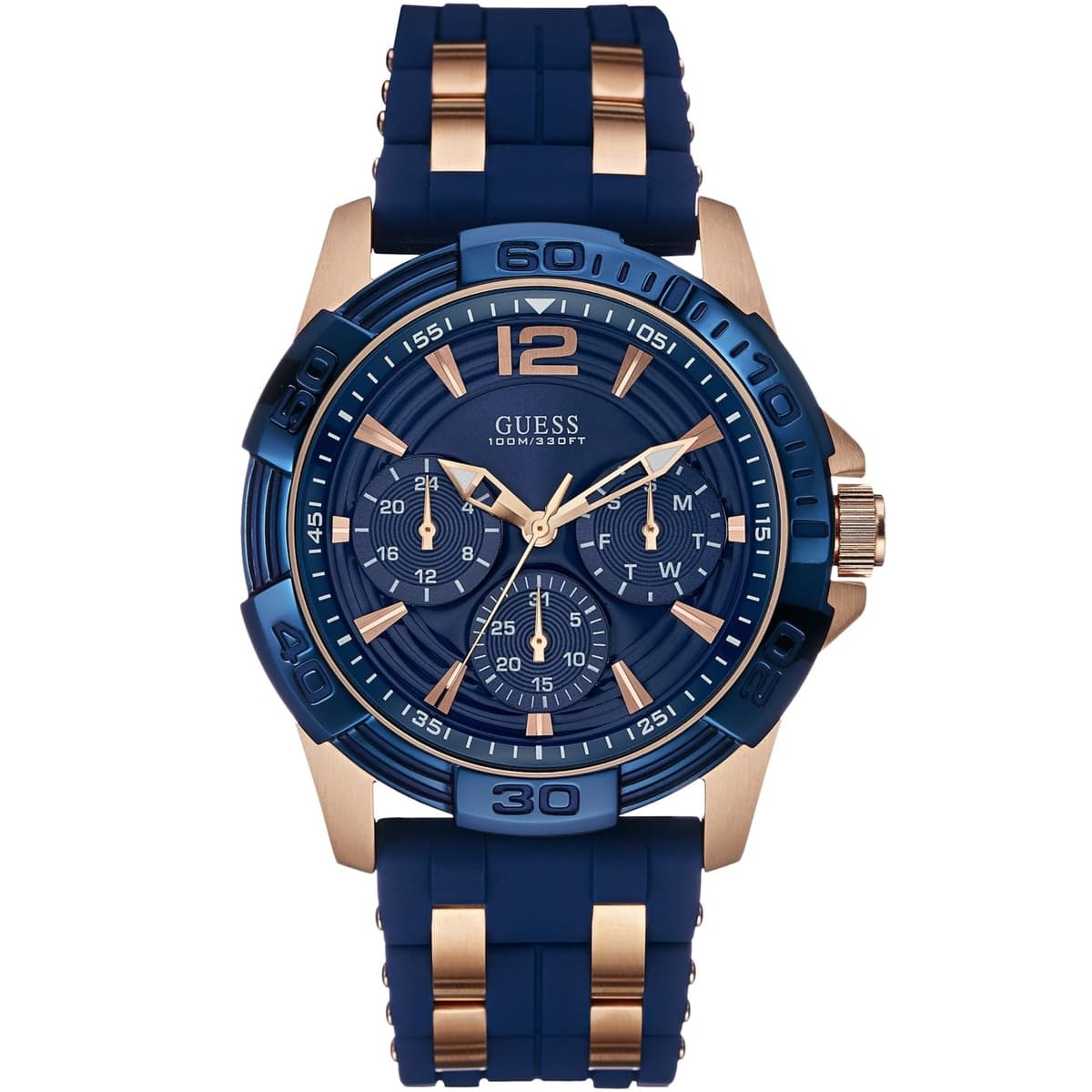 Guess Oasis W0366G4 men's watch with rose gold case and blue rubber strap with metal inserts