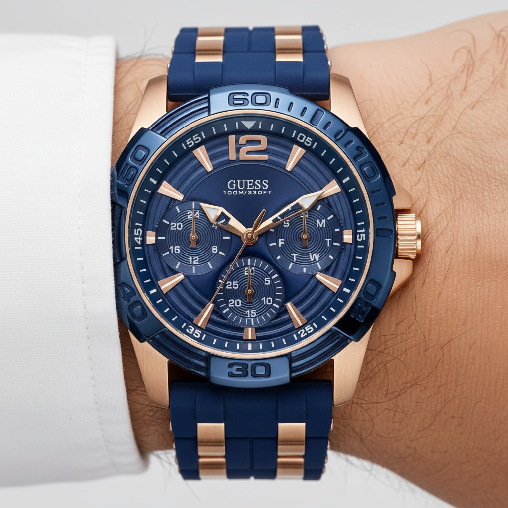 Close up shot of Guess W0366G4 on wrist highlighting the blue dial and rose gold hands