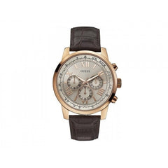 Guess w0380g4 men's watch with champagne dial and brown leather strap front view