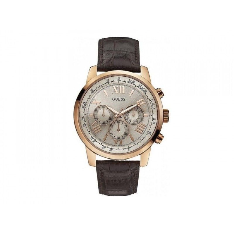 Guess w0380g4 men's watch with champagne dial and brown leather strap front view
