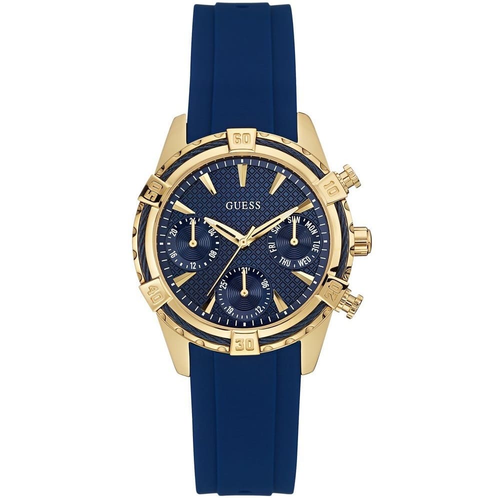 Guess Catalina W0562L2 women's watch with gold case and blue rubber strap