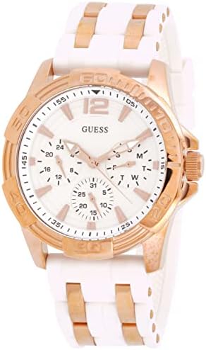 Angled view of Guess W0615L1 showing the rose gold sport bezel and white case accents