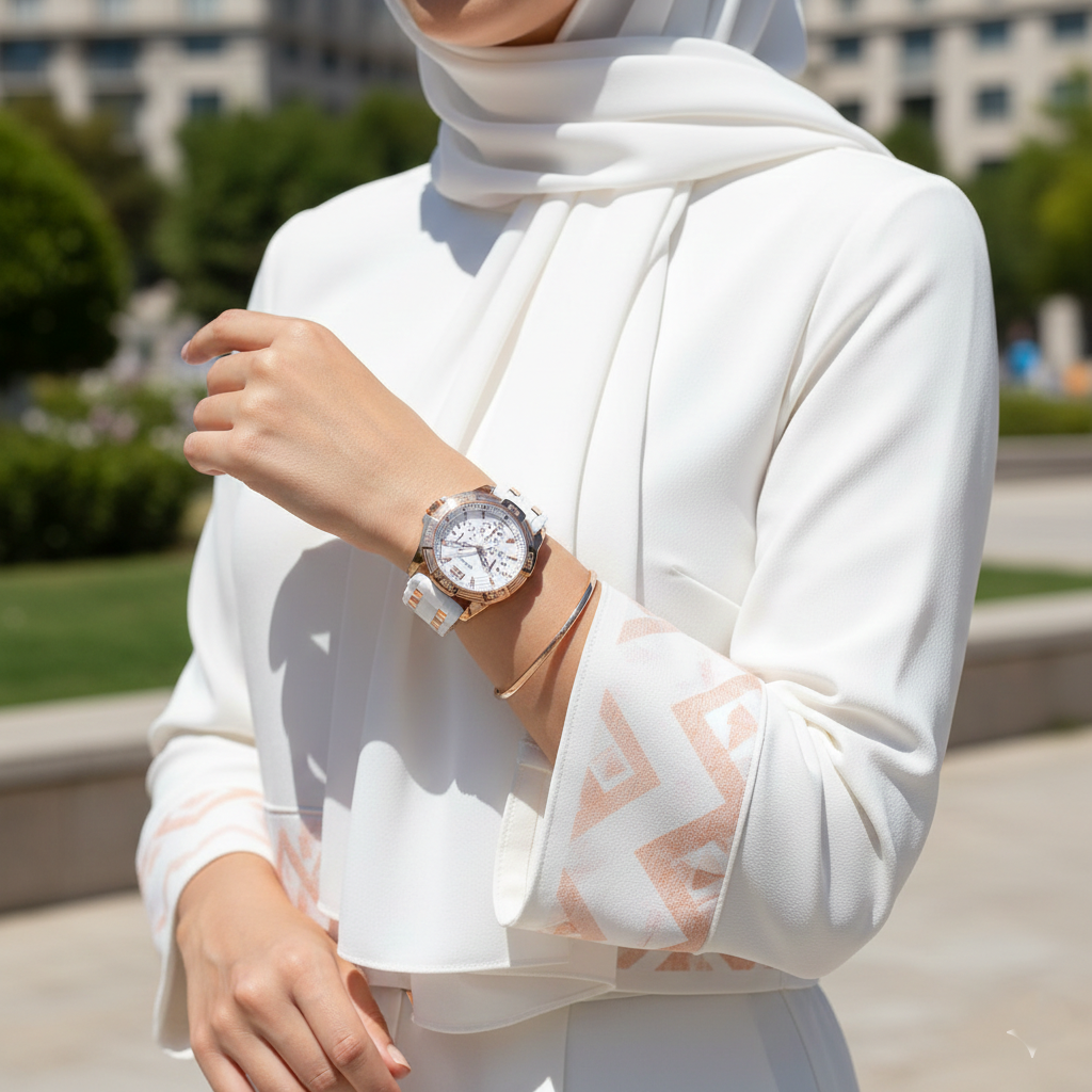 Female model wearing Guess W0615L1 white and rose gold watch with a chic sport outfit