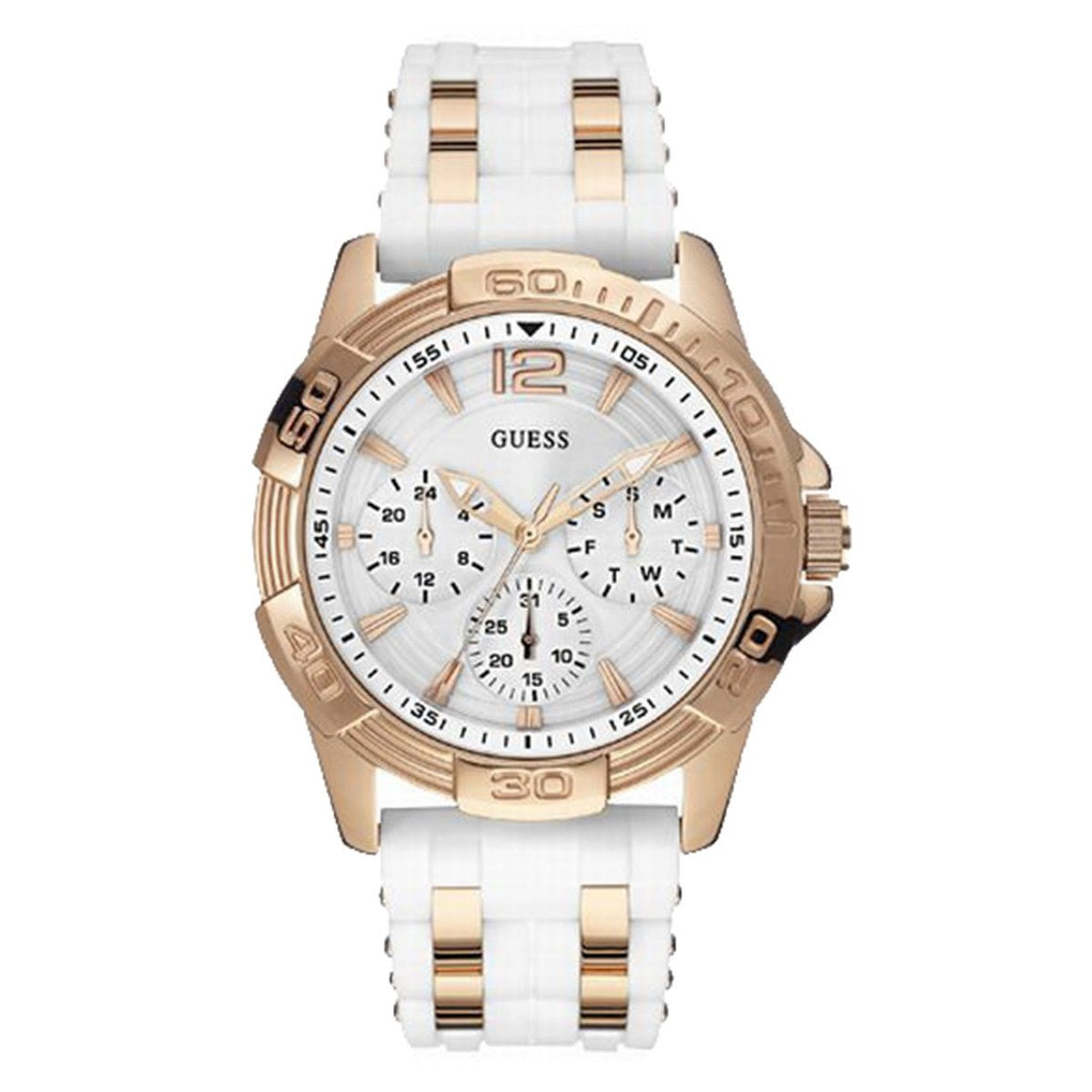 Guess W0615L1 women's watch with rose gold case and white rubber strap with metal inserts