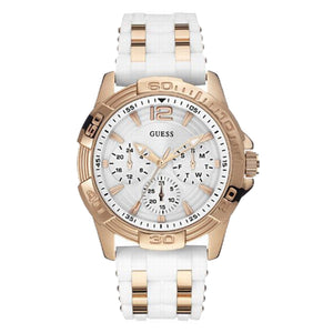 Guess W0615L1 women's watch with rose gold case and white rubber strap with metal inserts