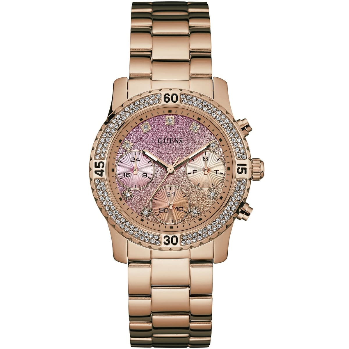 Guess Confetti W0774L3 women's watch with rose gold case and glitter dial