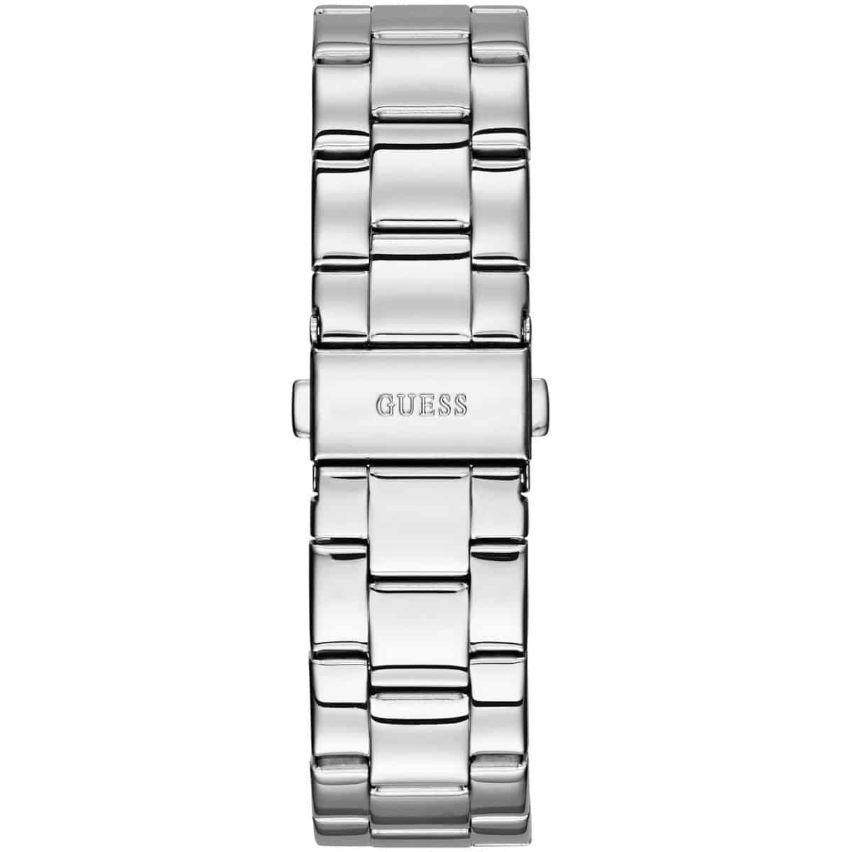 Detail of the silver-tone stainless steel bracelet and deployment clasp on Guess W0774L6