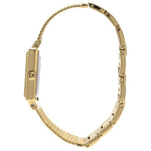 Left side perspective of the Guess W0826L2 highlighting the flexible gold mesh bracelet