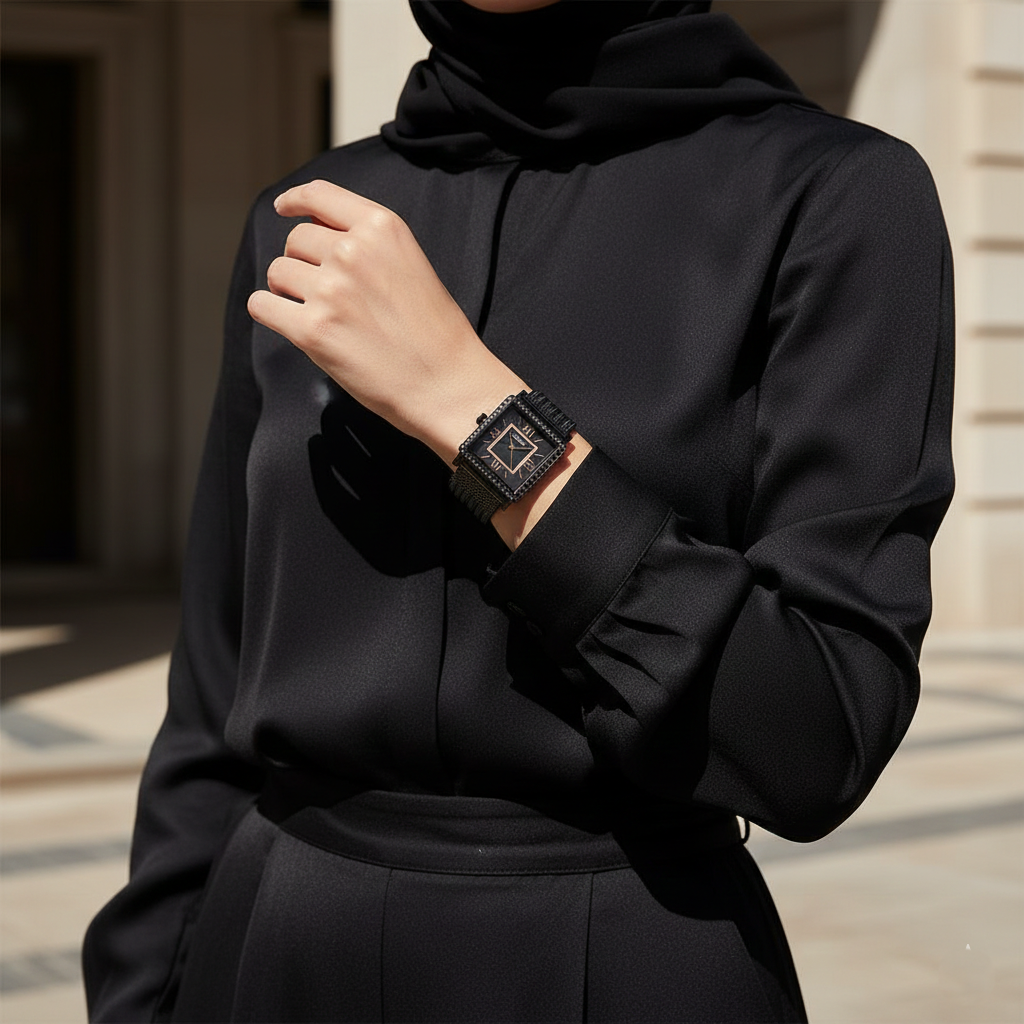 Female model wearing Guess W0826L4 black square watch with an elegant evening outfit