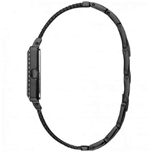 Side profile view of the slim 7mm black case of the Guess W0826L4