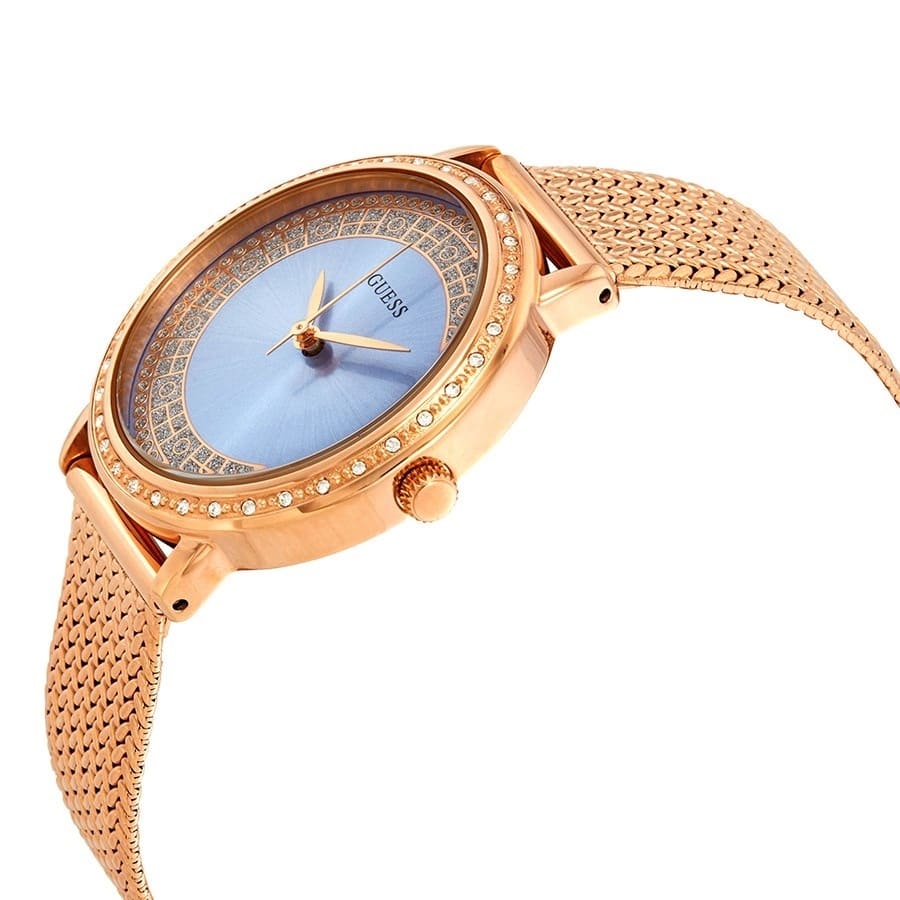 Detailed side view of the rose gold crown on the Guess W0836L1