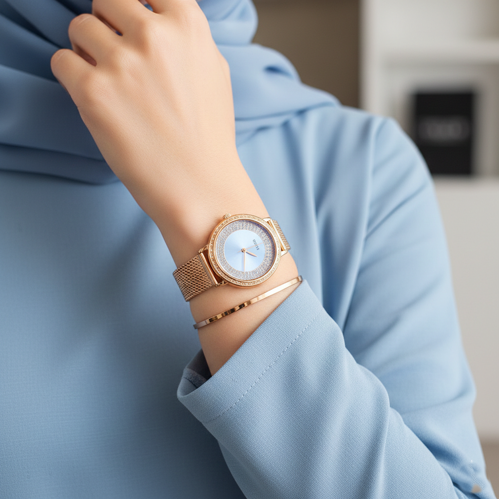 Female model wearing Guess W0836L1 rose gold glitz watch with a glamorous evening outfit