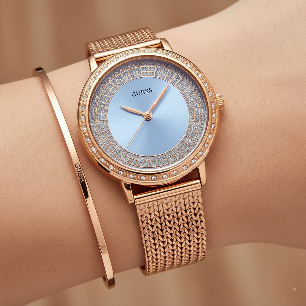 Close up shot of Guess W0836L1 watch on wrist showing the concentric crystal rings on the dial