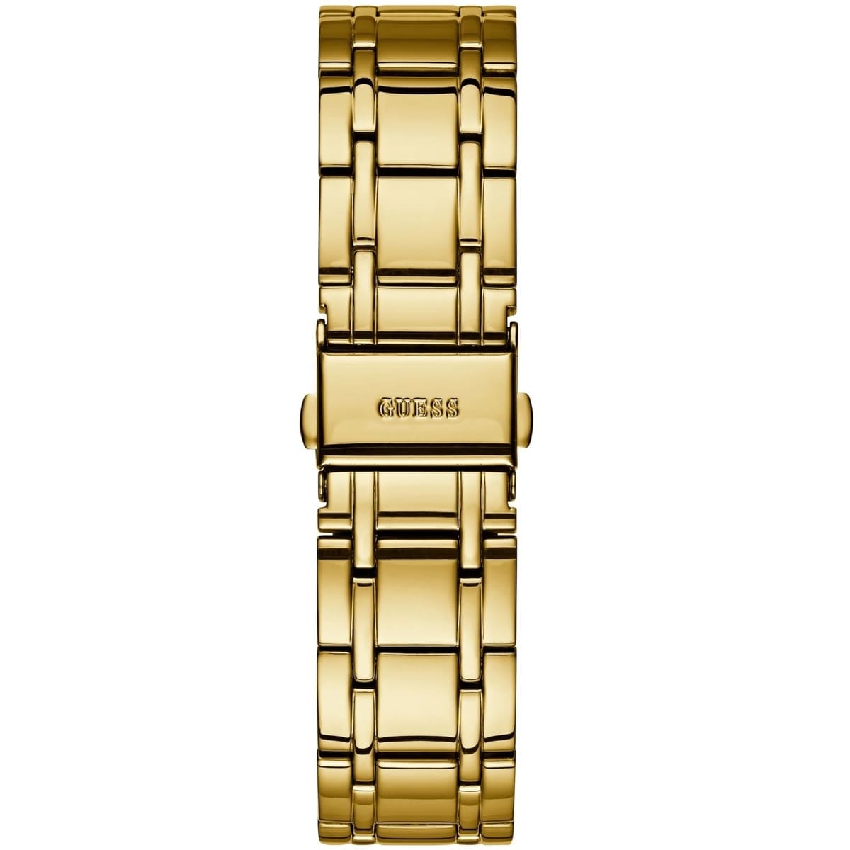 Gold-tone stainless steel push-button deployment clasp on the metal bracelet of the Guess W0933L2