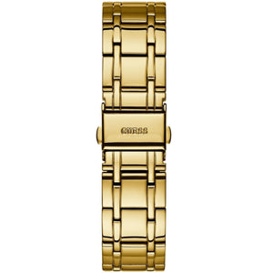 Gold-tone stainless steel push-button deployment clasp on the metal bracelet of the Guess W0933L2