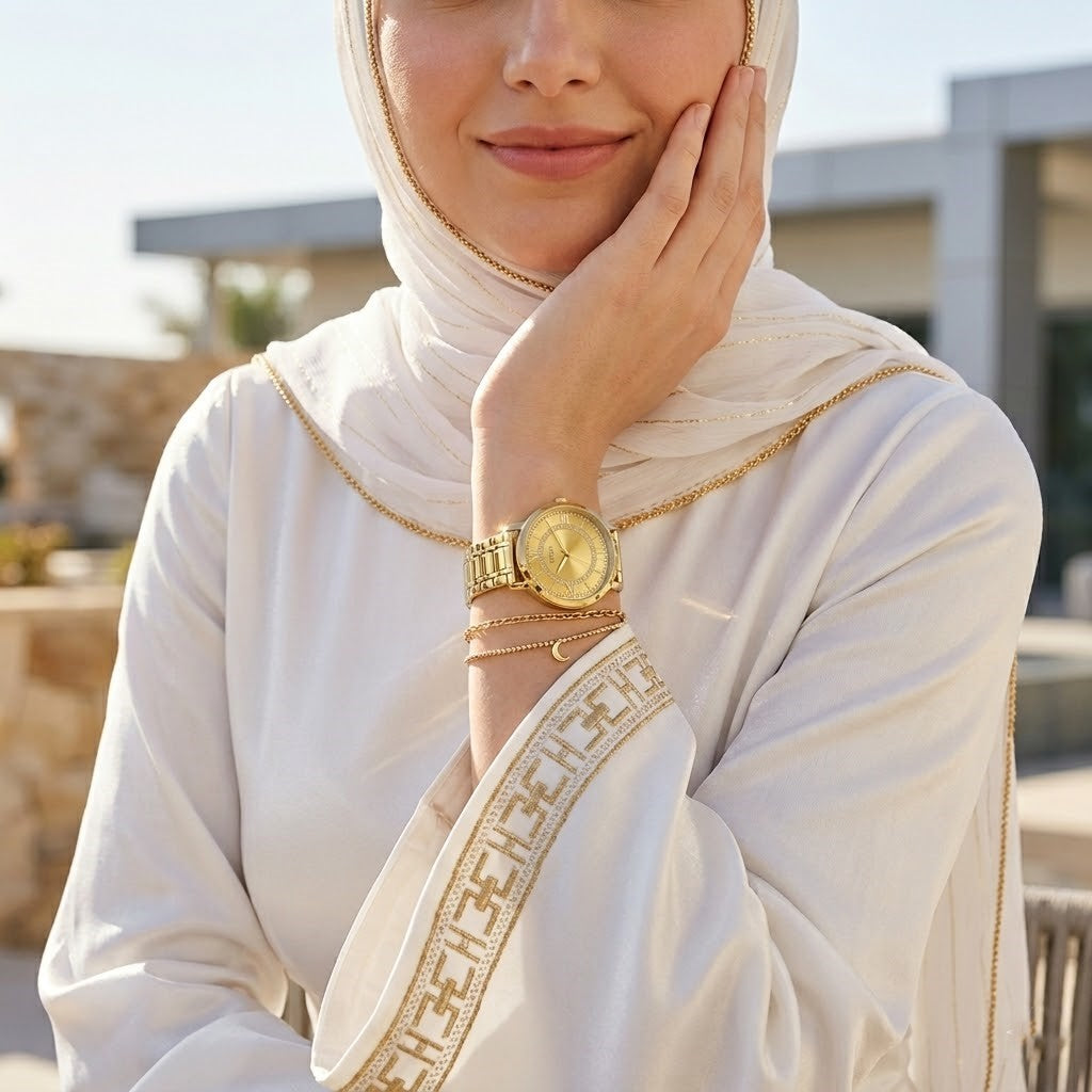 Half-face lifestyle shot of a woman with fair skin wearing bracelets and rings on the same hand as the Guess Montauk gold metal watch for a sophisticated everyday look