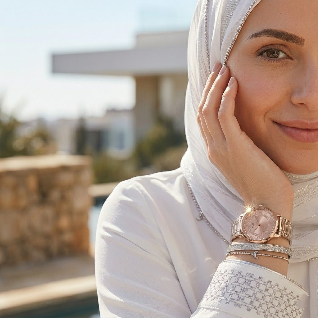 Half-face lifestyle shot of a woman with fair skin wearing bracelets and rings on the same hand as the Guess Montauk rose gold metal watch for a sophisticated everyday look