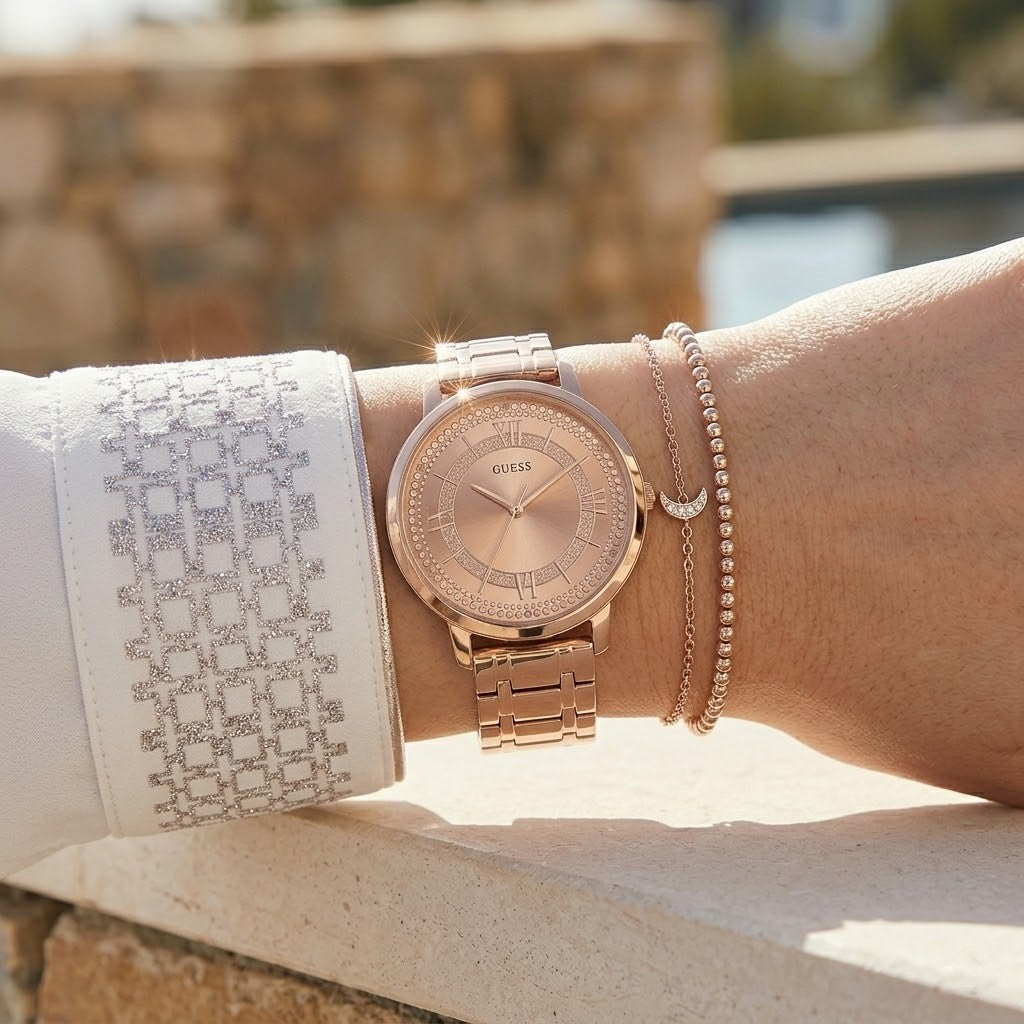 Close up shot of Guess W0933L3 on wrist showing the shimmering rose gold glitter dial and rose gold-tone hands