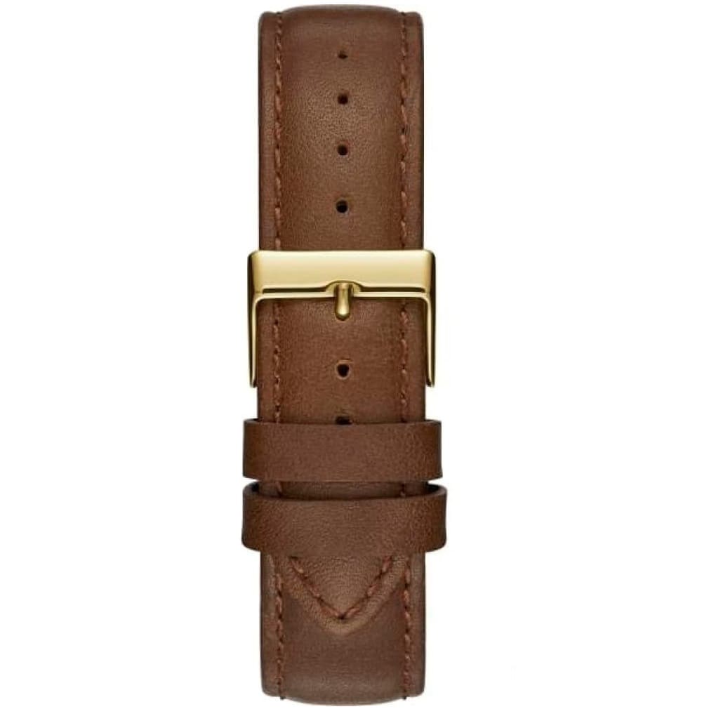 Gold-tone buckle on the genuine brown leather strap of the Guess W0934L3