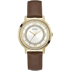 Guess Montauk W0934L3 women's watch with gold crystal case and brown leather strap