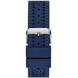 Silver pin buckle on the blue rubber strap of the Guess W0971G2