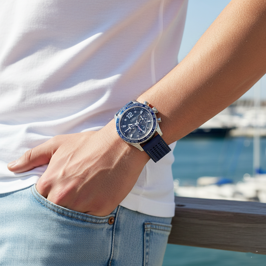 Male model wearing Guess W0971G2 silver and blue watch with a casual outfit