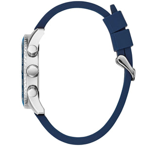 Side profile view of the 11mm silver case of the Guess W0971G2