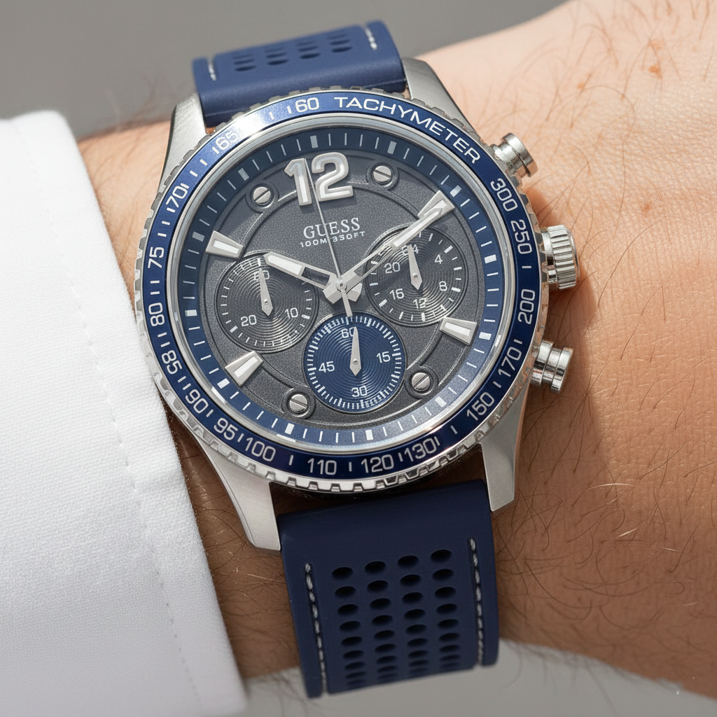 Close up shot of Guess W0971G2 on wrist highlighting the charcoal dial and blue tachymeter bezel