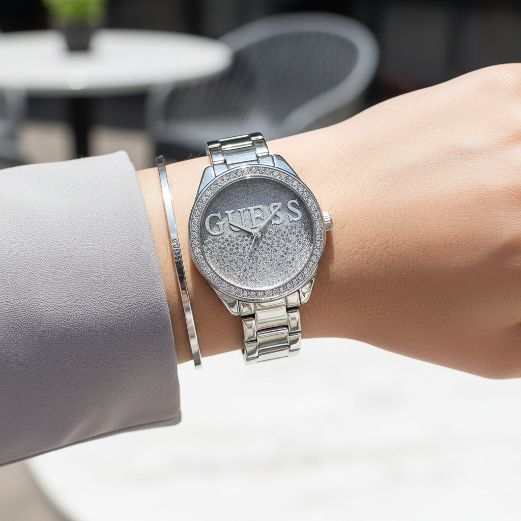 Female model wearing Guess W0987L1 silver glitter watch with an evening party outfit