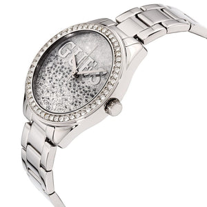 Side profile view of the 9mm silver case of the Guess W0987L1