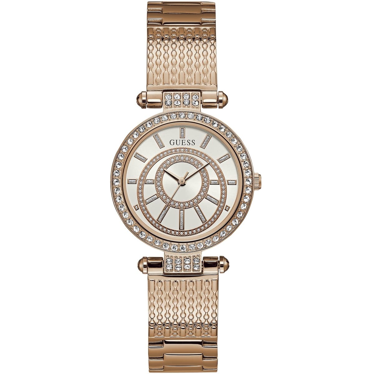 Guess Muse W1008L3 women's watch with rose gold case and unique mesh link bracelet