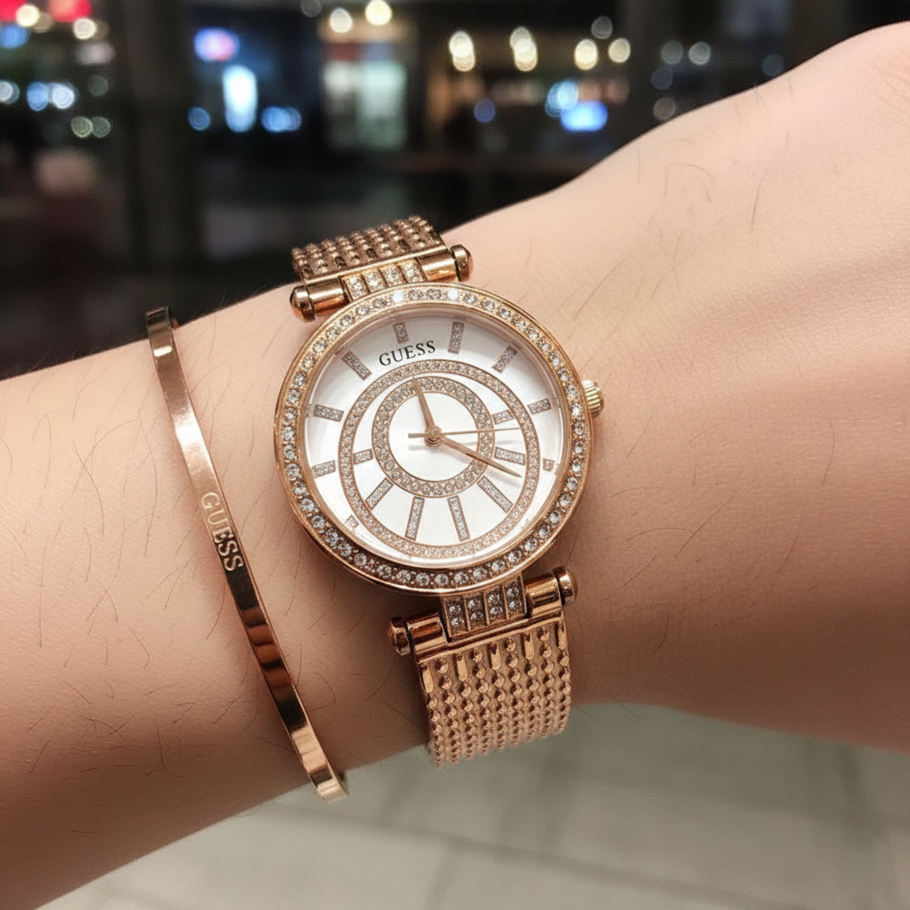 Close up shot of Guess W1008L3 watch on wrist showing the crystal center ring on the dial