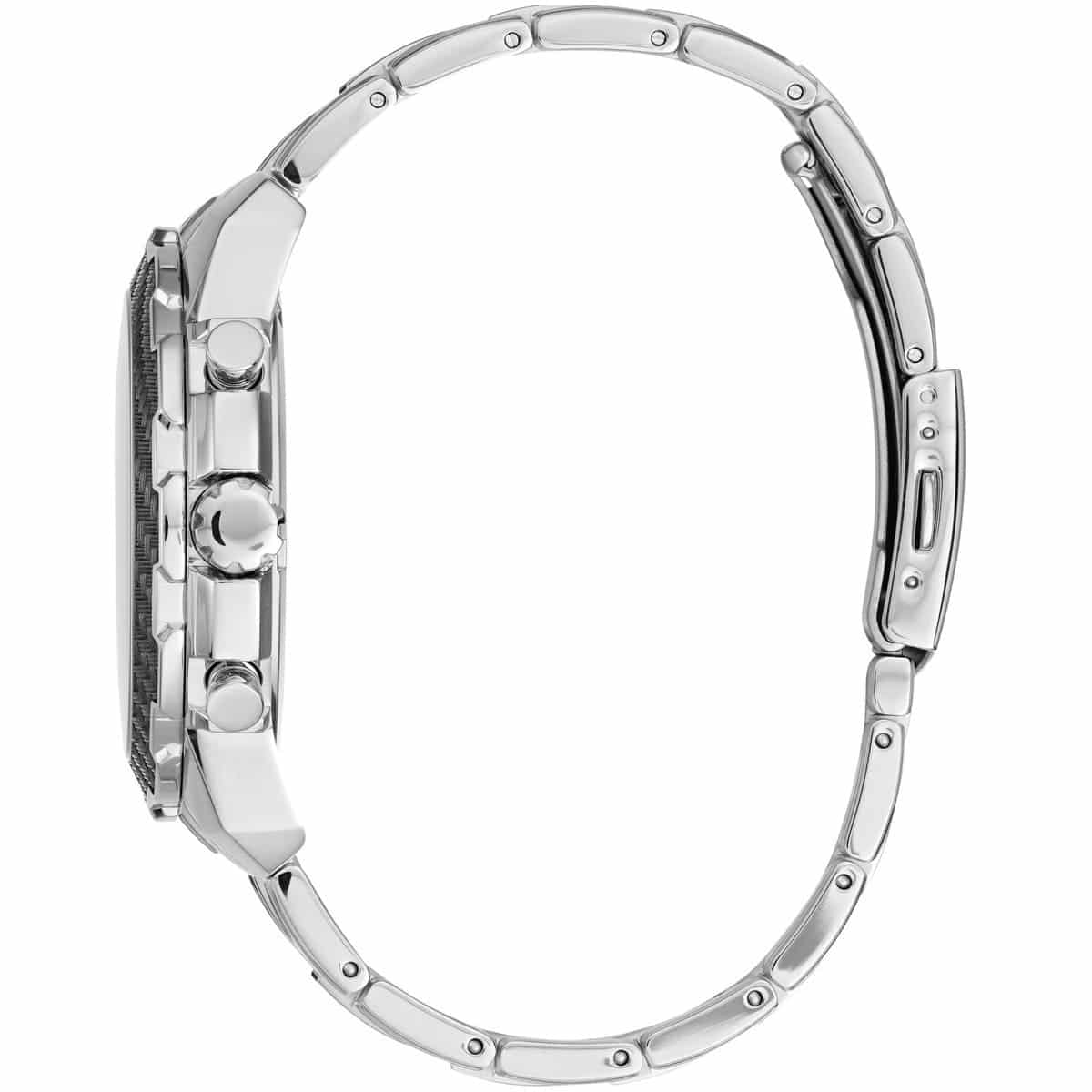 Angled view of Guess W1046G1 showing the black tachymeter bezel and chronograph pushers