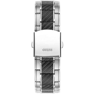 Stainless steel deployment clasp on the silver bracelet of the Guess W1046G1