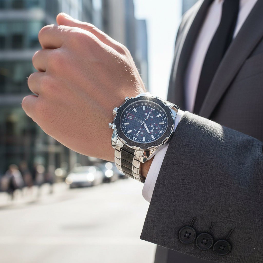 Male model wearing Guess W1046G1 silver steel watch with a sporty professional outfit