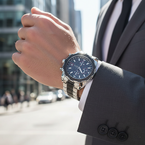 Male model wearing Guess W1046G1 silver steel watch with a sporty professional outfit