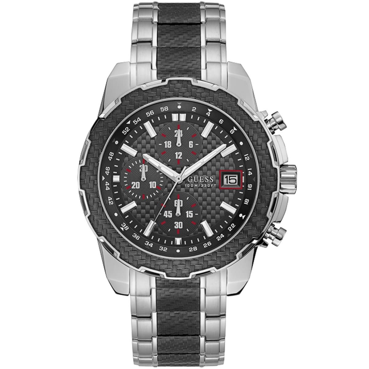 Guess Octane W1046G1 men's watch with silver stainless steel bracelet and black carbon dial