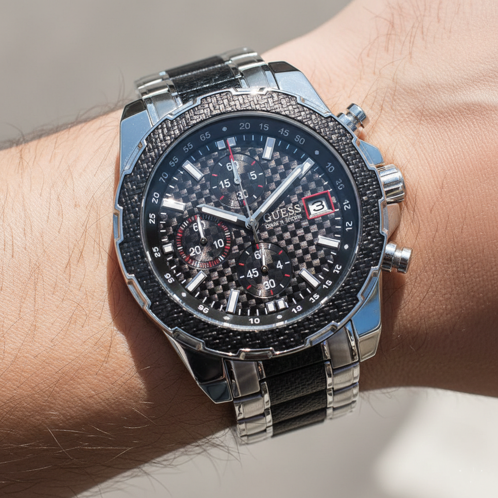 Close up shot of Guess W1046G1 on wrist highlighting the black carbon fiber dial and tachymeter bezel